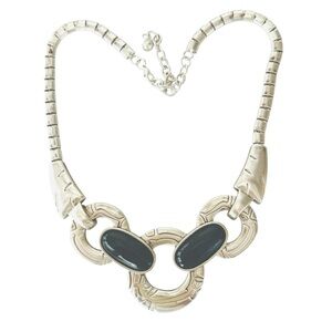 Modernist Black Glass Cabochons Silver Tone Bib Necklace Vintage 1960s